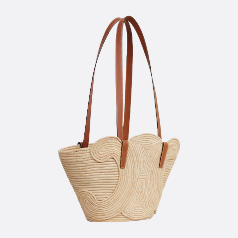 CELINE CLASSIC SMALL BASKET WITH WOVEN TRIOMPHE IN RAFFIA AND CALFSKIN