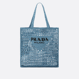 PRADA SHOPPER BAG IN RAFFIA WITH WOVEN LOGO – BLUE