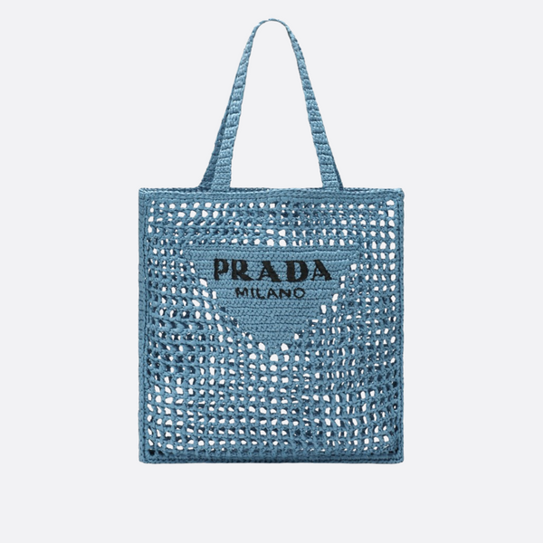 PRADA SHOPPER BAG IN RAFFIA WITH WOVEN LOGO – BLUE