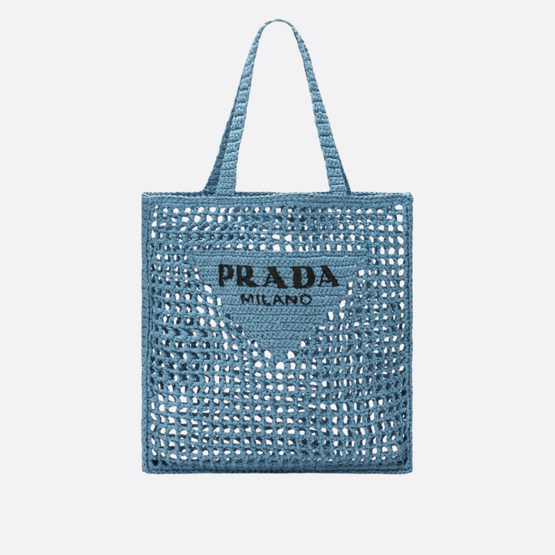 PRADA SHOPPER BAG IN RAFFIA WITH WOVEN LOGO – BLUE