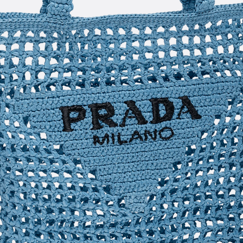 PRADA SHOPPER BAG IN RAFFIA WITH WOVEN LOGO – BLUE