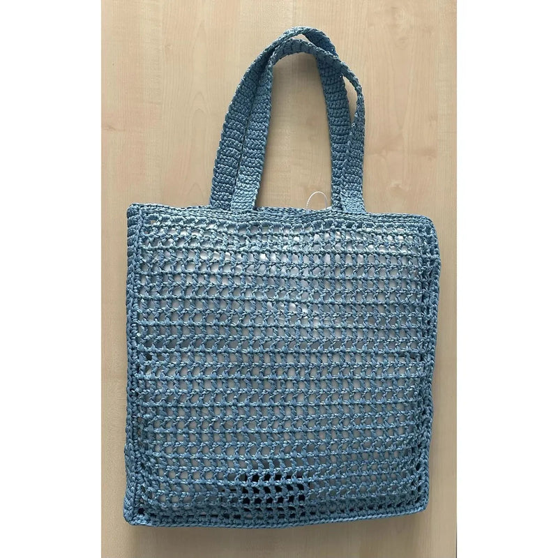 PRADA SHOPPER BAG IN RAFFIA WITH WOVEN LOGO – BLUE